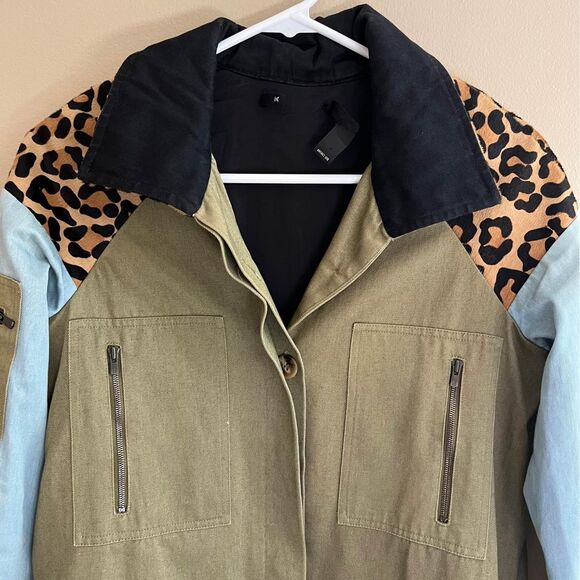 KSubi Green, Denim, & Leopard Leather Jacket / Trench Coat size XS - Picture 3 of 10
